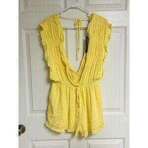 Papermoon Women's Romper Size Small Boutique Deep V-Neckline Yellow Ruffle